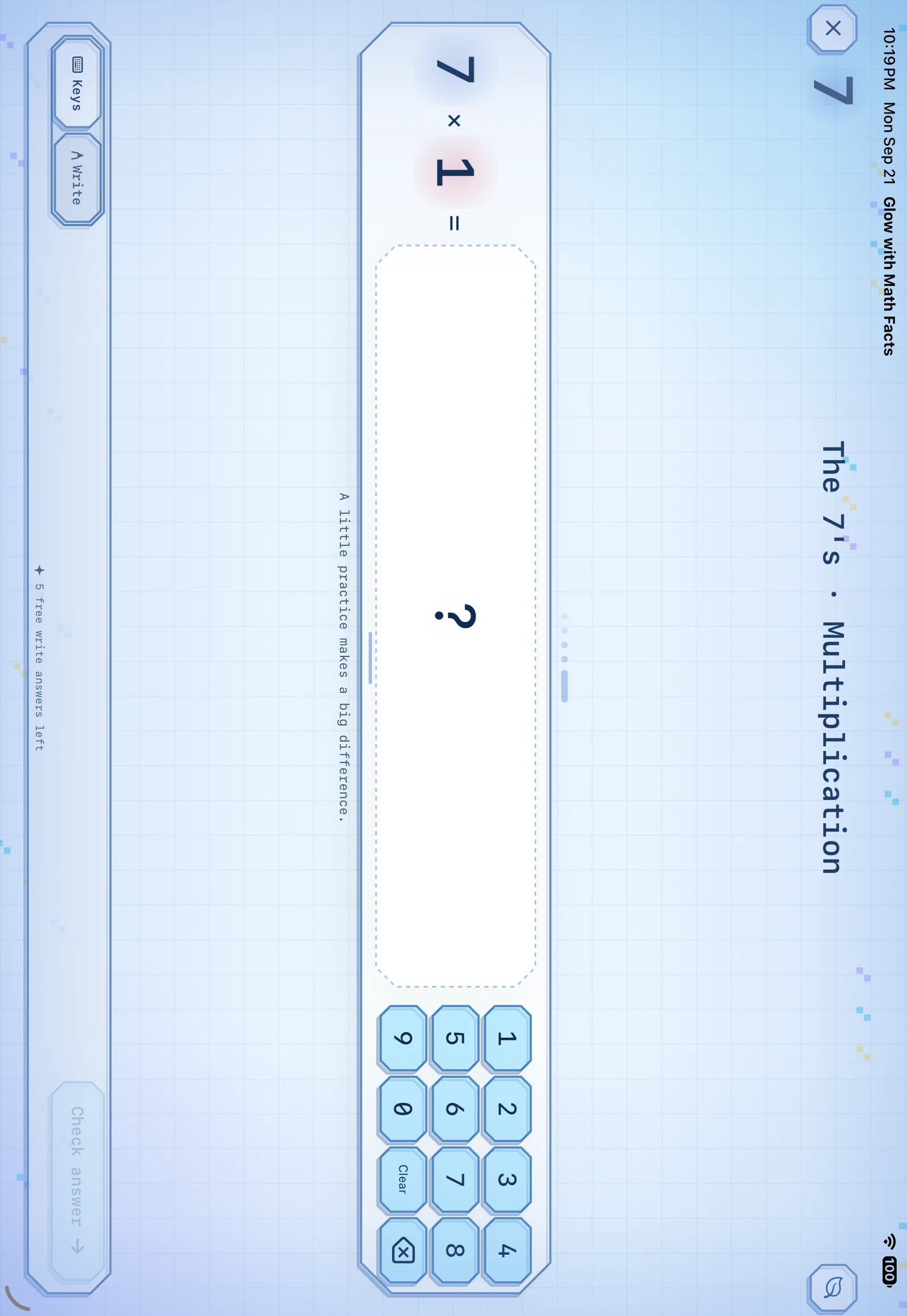 Glow Math Facts practice screen with a colorful horizontal math problem