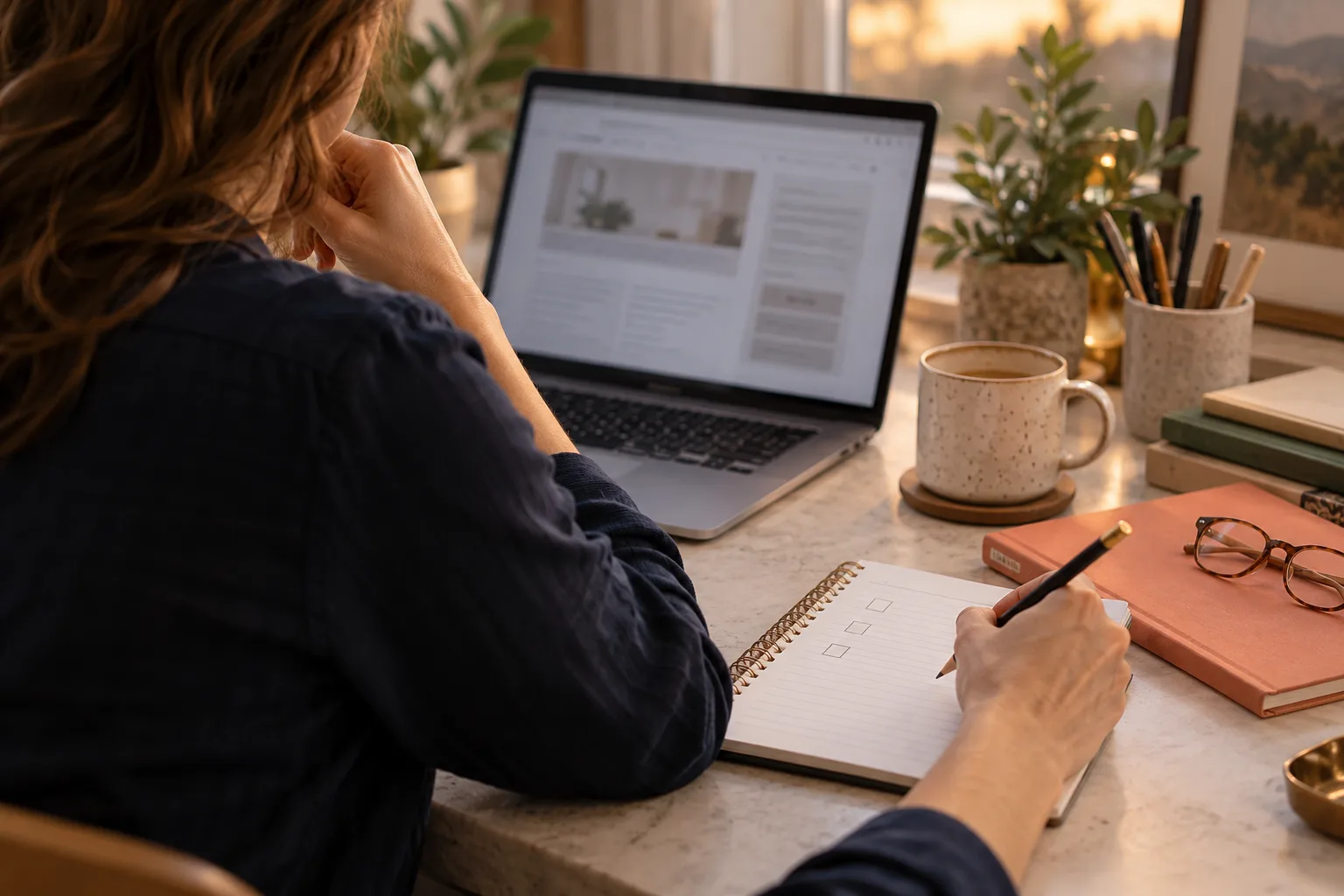 An adult reviews a laptop alongside handwritten teaching notes before choosing a next step