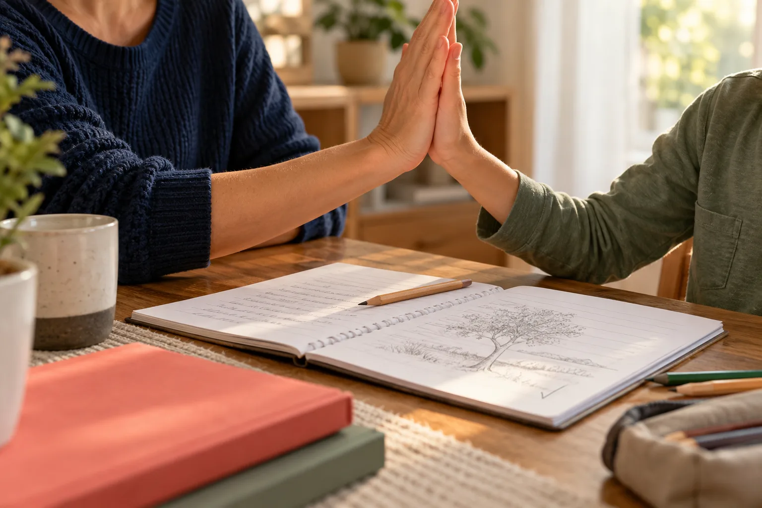 A parent and school-age learner share a quiet high-five over completed practice