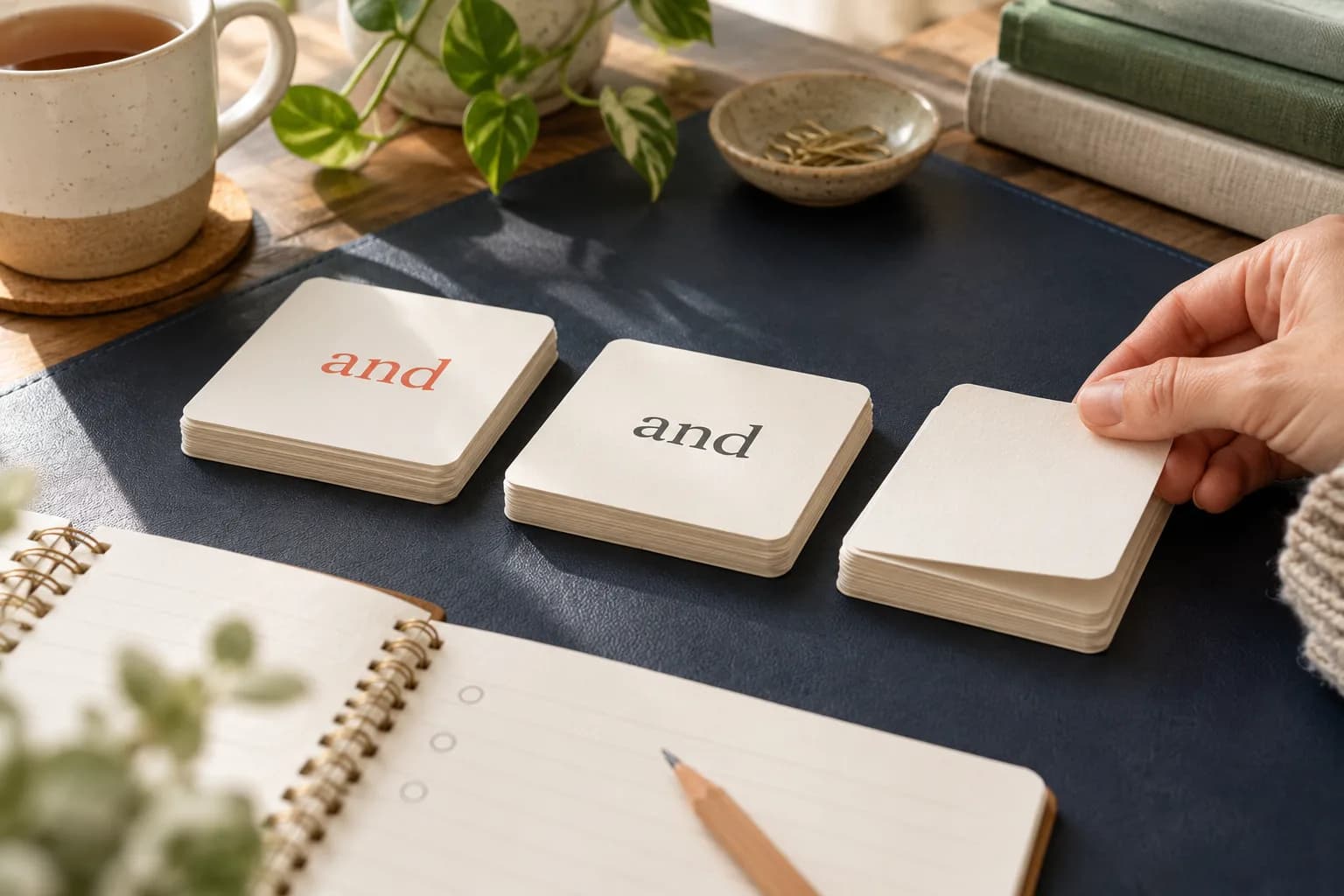 A colored word card, the same word in plain print, and a face-down card illustrate practice and recall