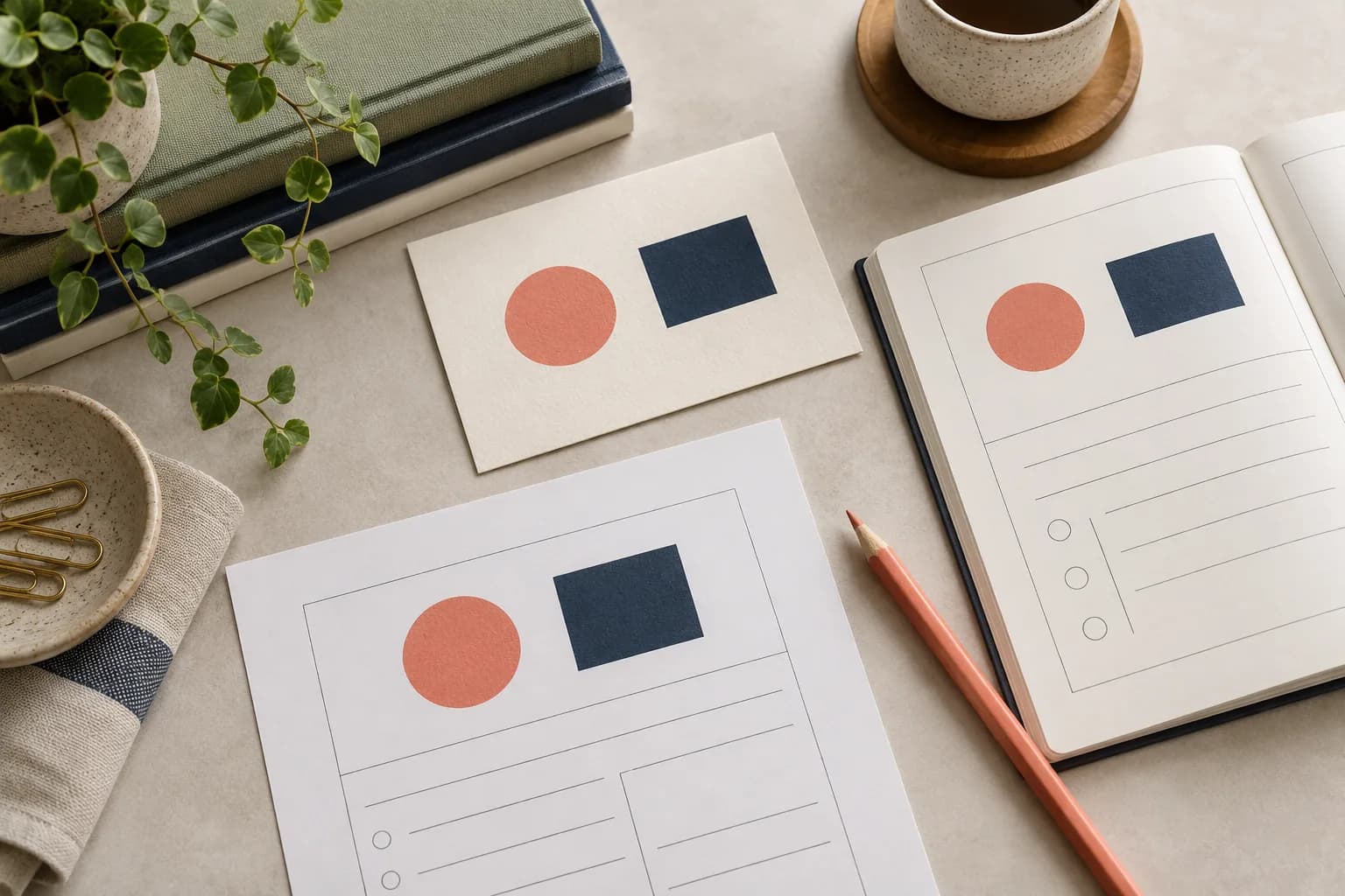 The same coral circles and navy rectangles repeat consistently across three paper learning materials