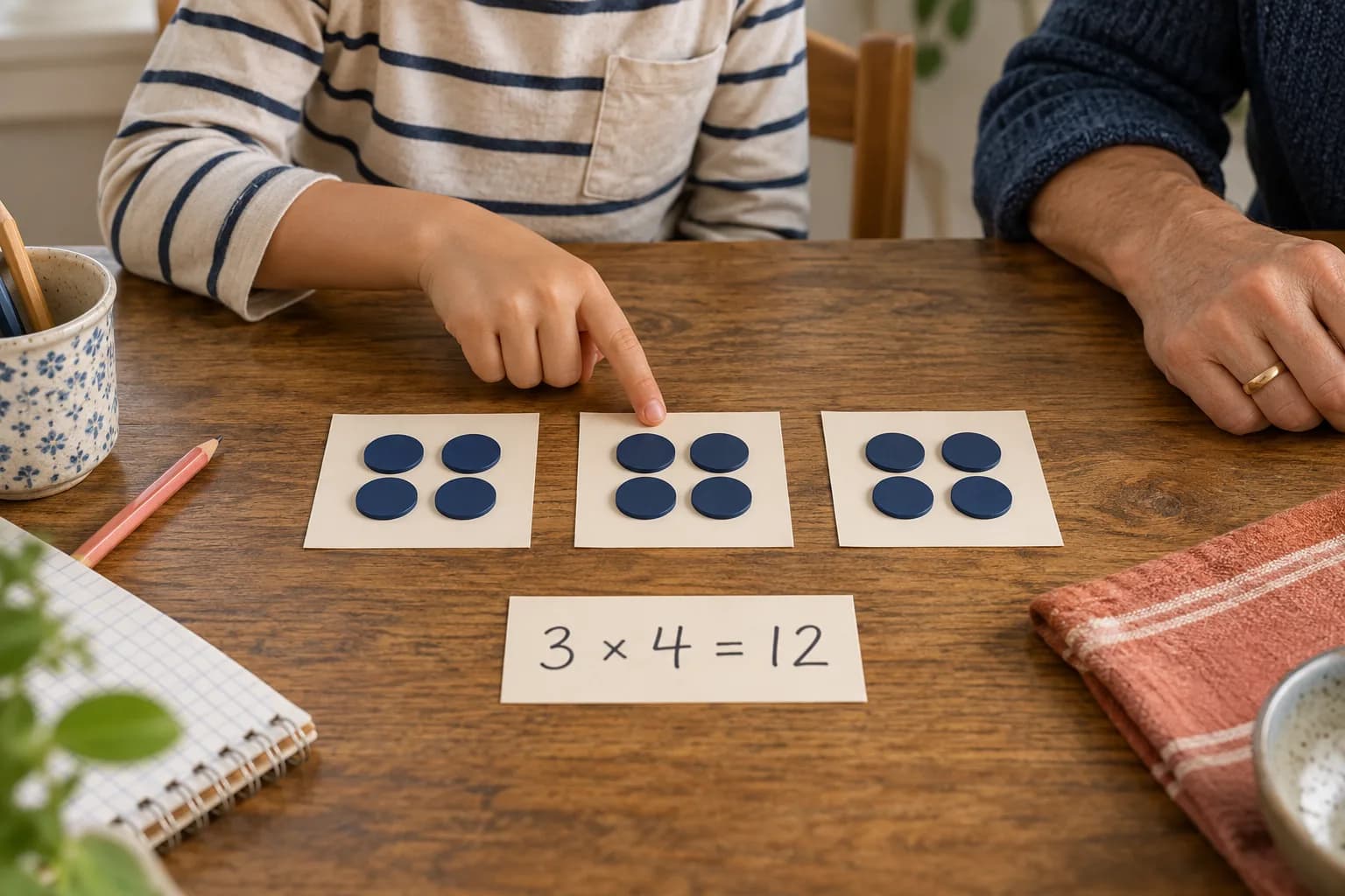 Three equal groups of four counters connect hands-on grouping with the fact three times four