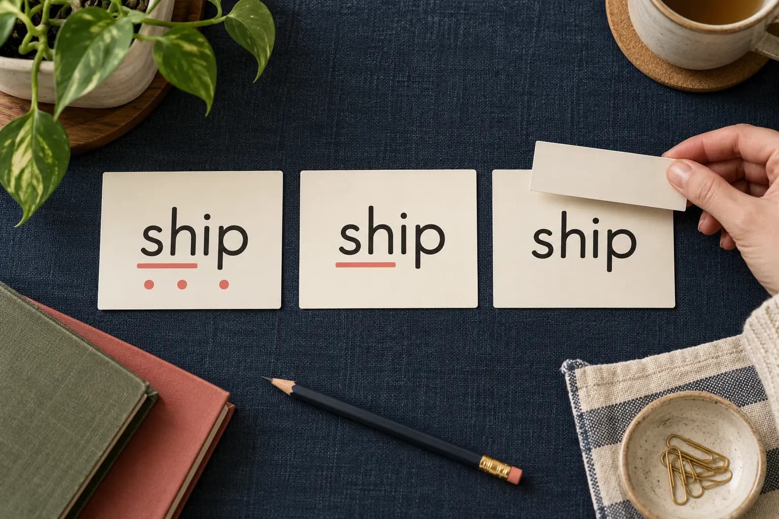 Three ship word cards gradually remove the extra marks until only ordinary print remains