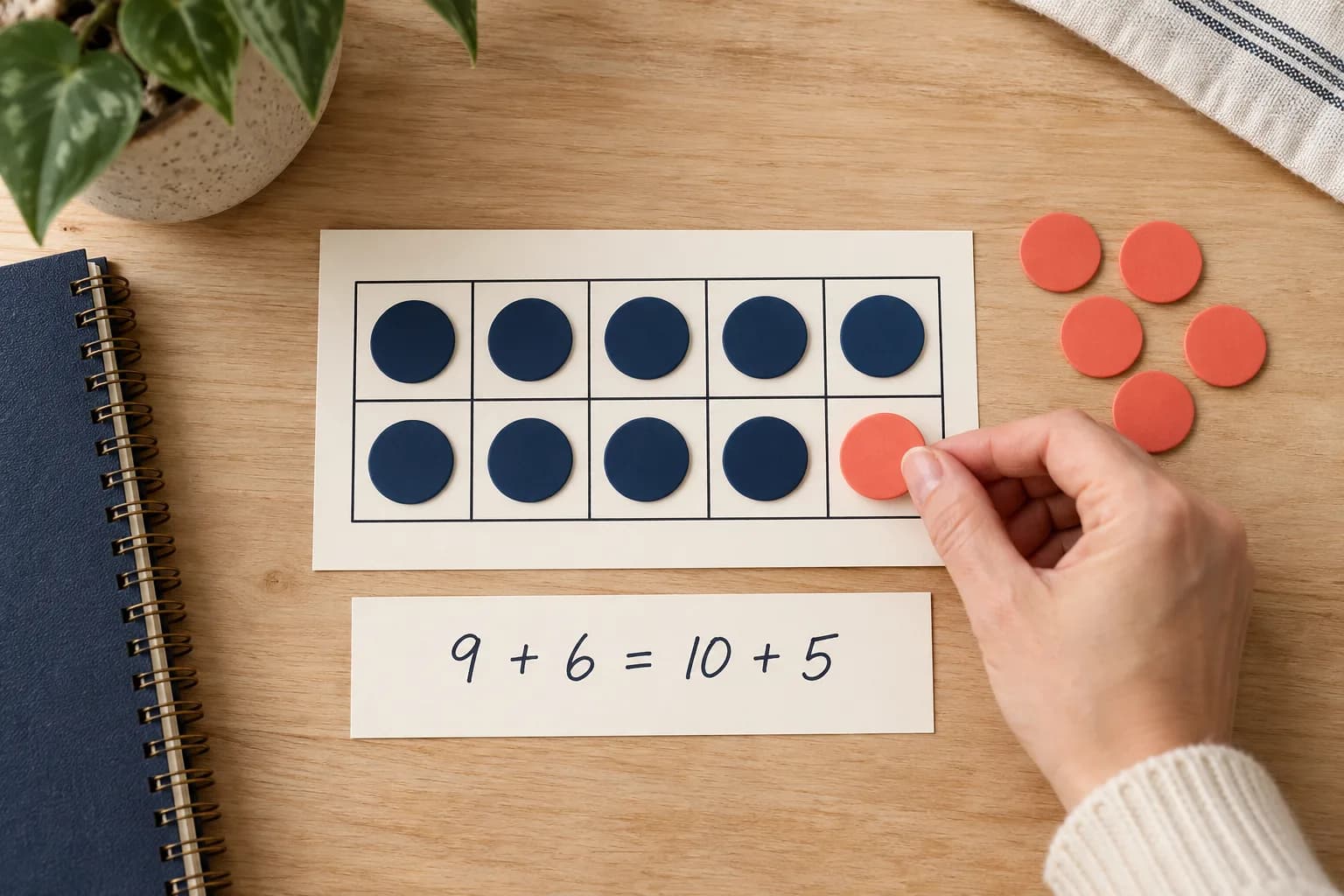 A full ten-frame and five remaining counters model nine plus six as ten plus five