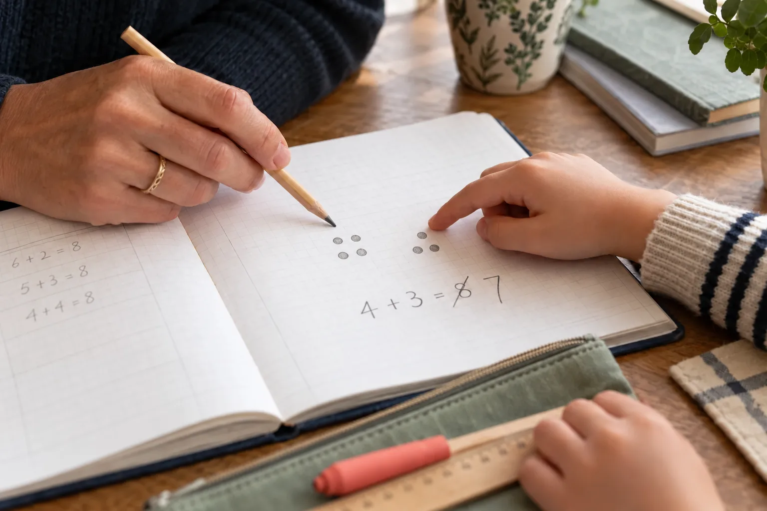 An adult and learner revisit four dots plus three dots and gently correct an addition answer