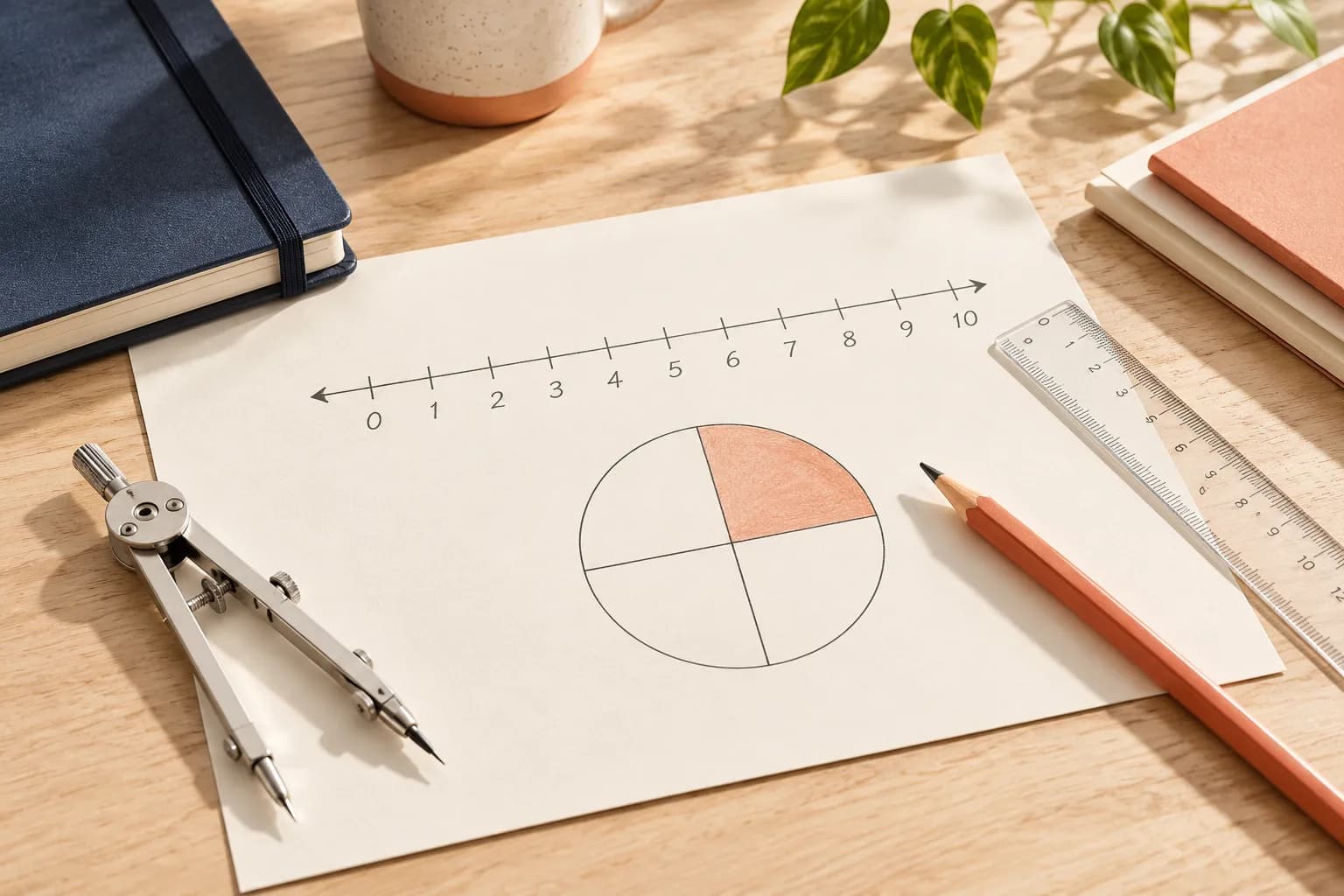 A paper number line and a circle with one fourth shaded, beside a ruler and compass