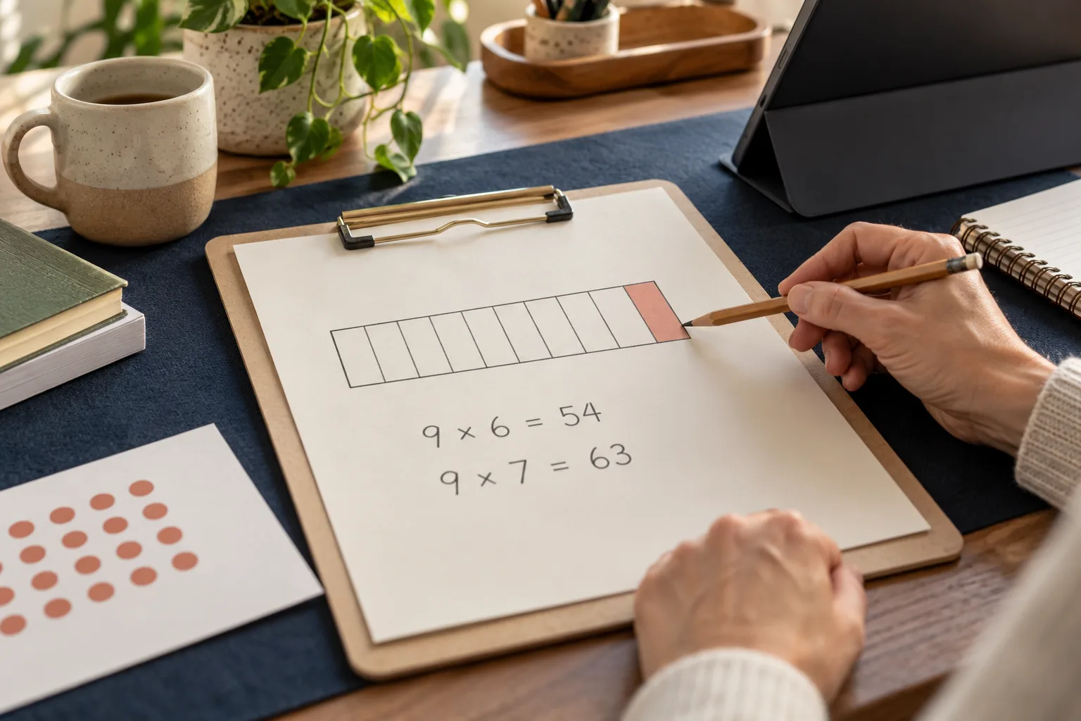 A teacher prepares a focused nine-times practice sheet beside a tablet
