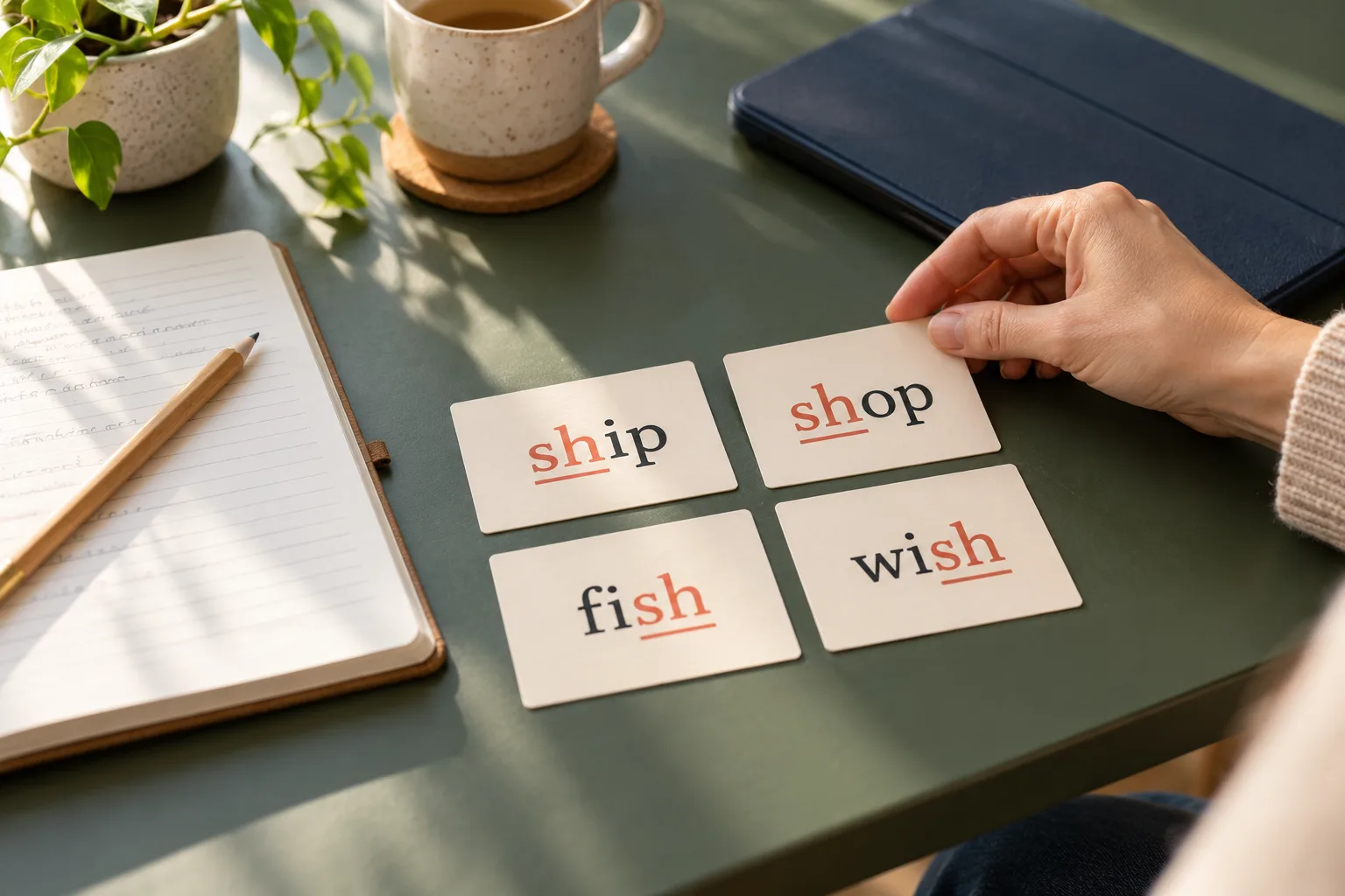 Four word cards highlight the shared sh spelling in ship, shop, fish, and wish